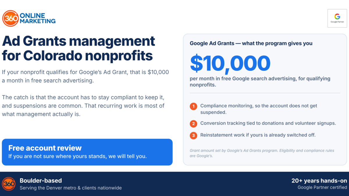 Google Ad Grants management for Colorado nonprofits — $10,000 per month in free Google search advertising